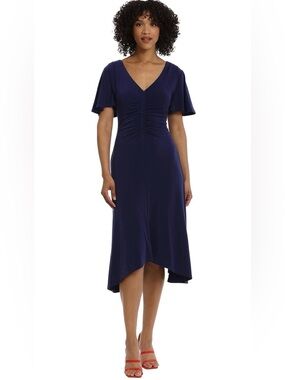 Maggy London Navy Asymmetric V-Neck Midi Dress